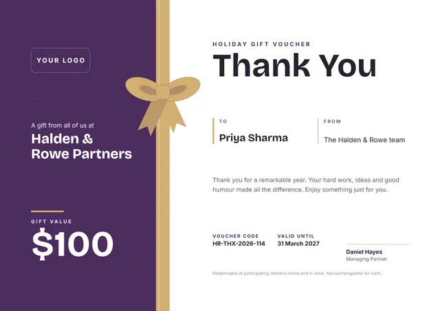 Plum Ribbon Corporate Gift Voucher template, A4 landscape, in plum