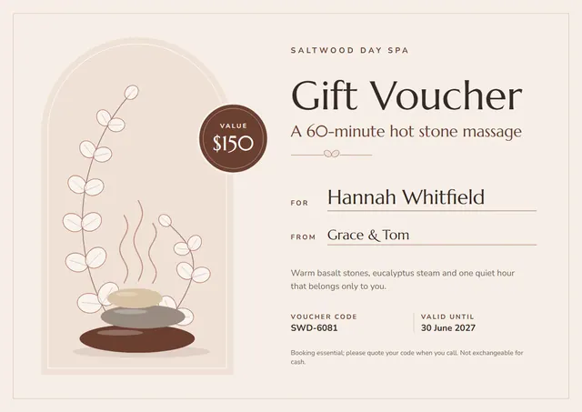 Chocolate Leafy Spa Gift Voucher template, A4 landscape, in chocolate