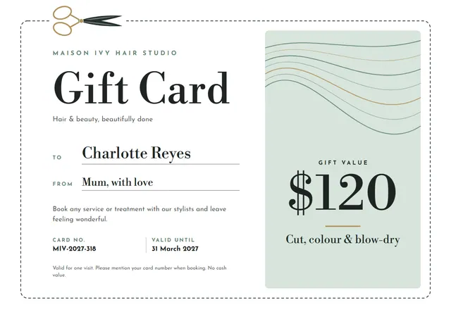 Slate Wave Salon Gift Card template, A4 landscape, in slate grey