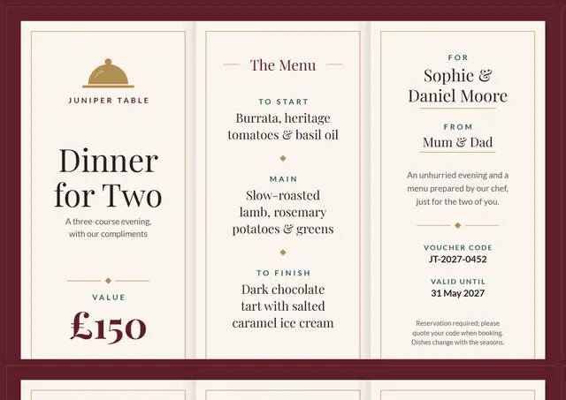 Burgundy Bordered Restaurant Gift Certificate template, A4 landscape, in burgundy