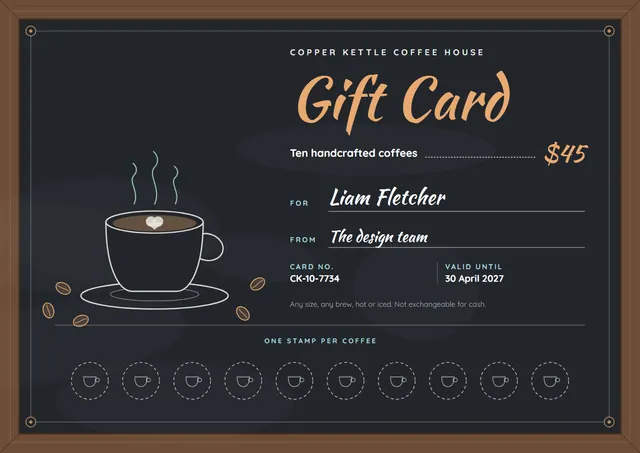 Chocolate Heart Coffee Shop Gift Card template, A4 landscape, in chocolate