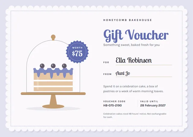 Steel Blue Badge Bakery Gift Voucher template, A4 landscape, in steel blue