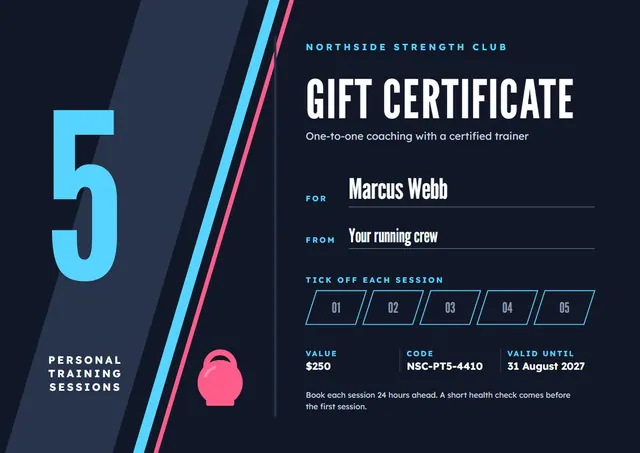 Sky Blue Banded Personal Training Gift Certificate template, A4 landscape, in sky blue