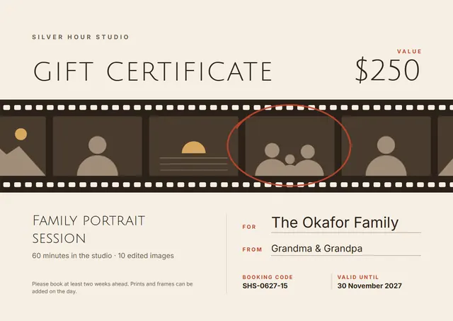 Chocolate Orbit Photography Gift Certificate template, A4 landscape, in chocolate