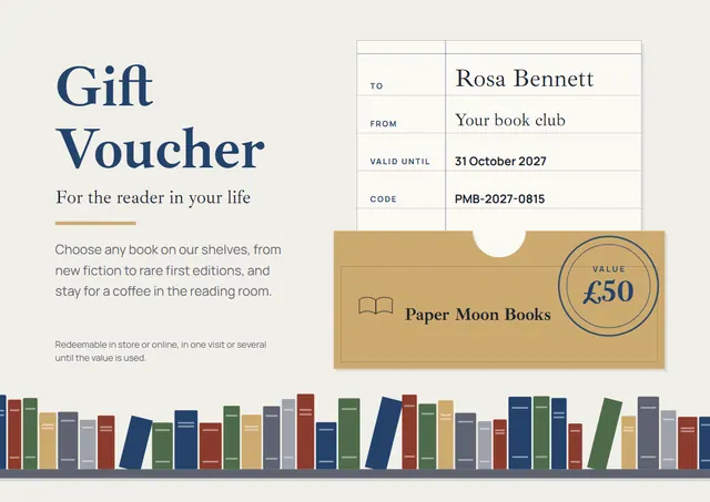 Navy Bookish Bookshop Gift Voucher template, A4 landscape, in navy