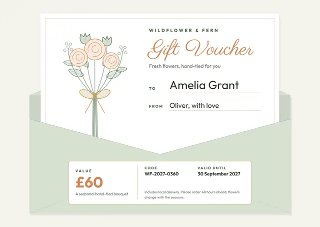 Orange Ribbon Florist Gift Voucher template, A4 landscape, in orange