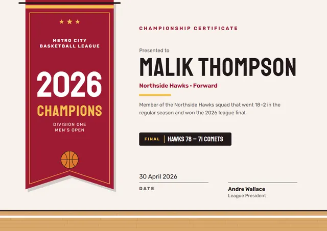 Crimson Starry Basketball Champions Certificate template, A4 landscape, in crimson