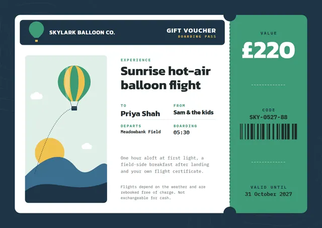 Navy Sunburst Experience Gift Voucher template, A4 landscape, in navy