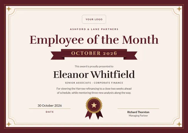 Burgundy Rosette Employee of the Month Certificate template, A4 landscape, in burgundy