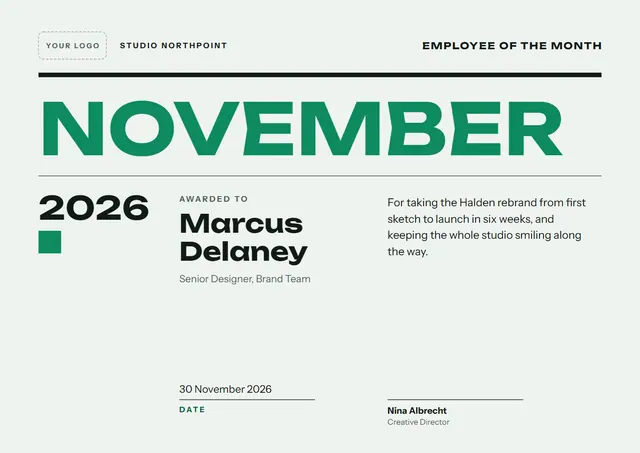 Emerald Modern Employee of the Month Certificate template, A4 landscape, in emerald