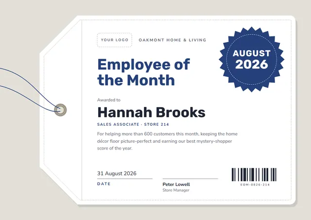 Ocean Blue Ticket Employee of the Month Certificate template, A4 landscape, in ocean blue