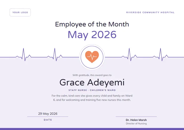 Purple Medal Employee of the Month Certificate template, A4 landscape, in purple