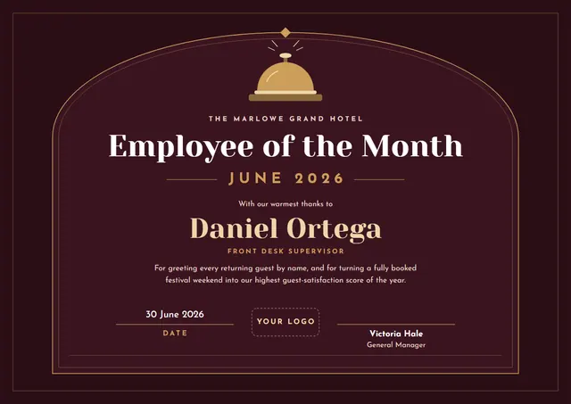 Burgundy Bordered Employee of the Month Certificate template, A4 landscape, in burgundy