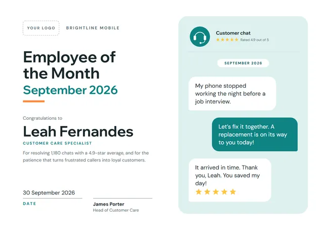 Teal Starry Employee of the Month Certificate template, A4 landscape, in teal