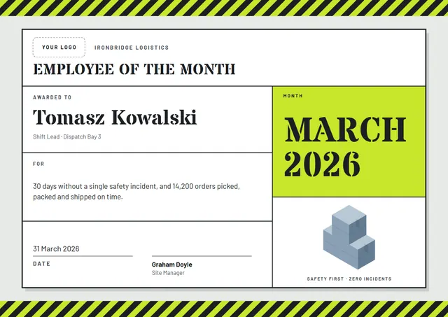 Lime Bordered Employee of the Month Certificate template, A4 landscape, in lime