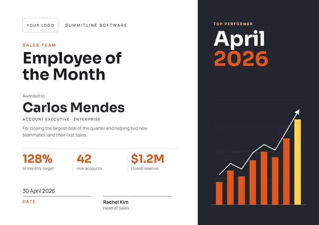 Terracotta Chart Employee of the Month Certificate template, A4 landscape, in terracotta