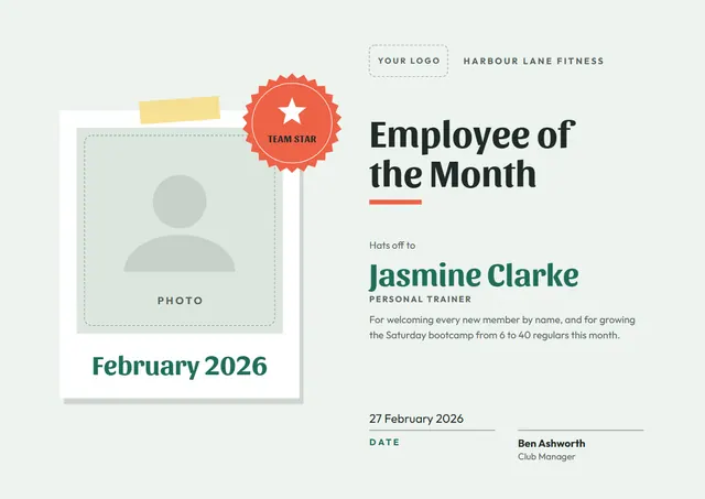 Emerald Starry Employee of the Month Certificate template, A4 landscape, in emerald