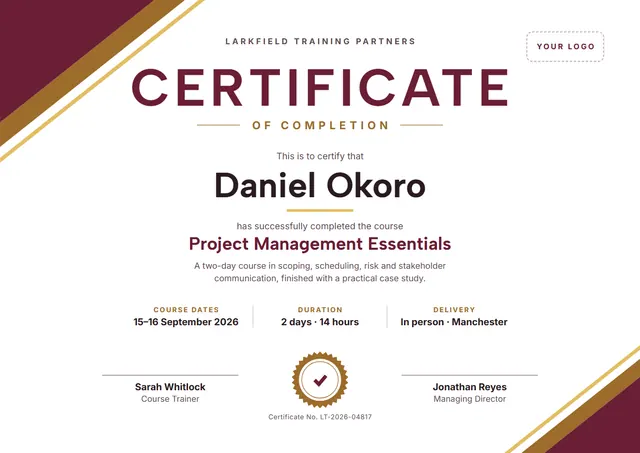 Burgundy Badge Certificate of Completion template, A4 landscape, in burgundy