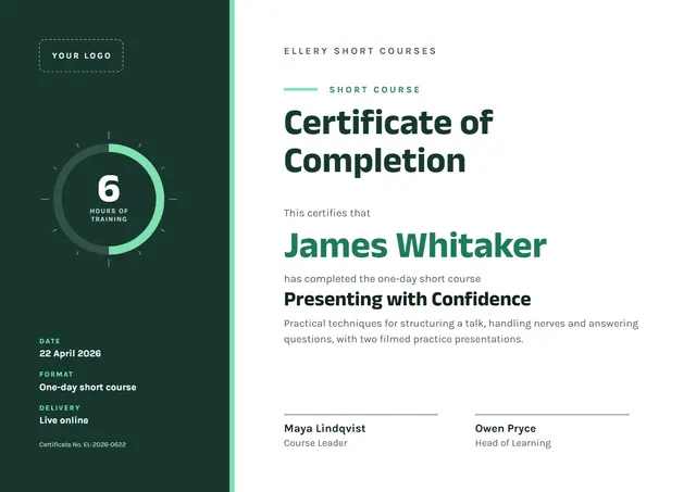 Forest Green Banded Short Course Certificate template, A4 landscape, in forest green