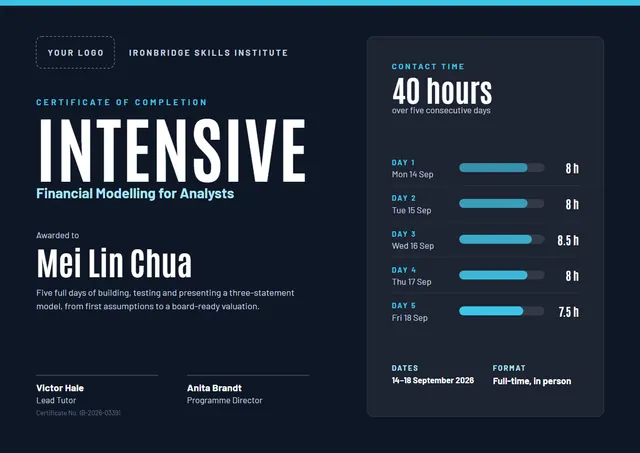 Modern Midnight Banded Intensive Course Certificate template, A4 landscape, in midnight blue