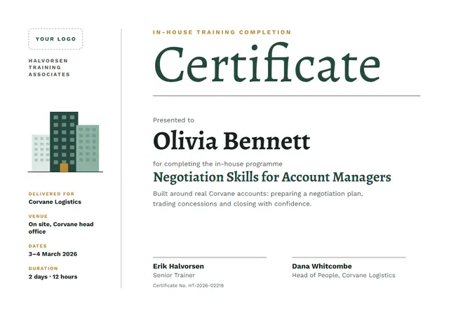 Forest Green Classic In-house Training Certificate template, A4 landscape, in forest green
