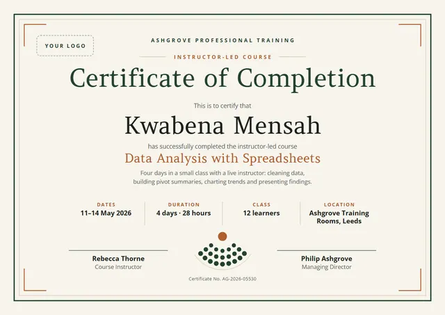 Copper Ornate Instructor-led Course Certificate template, A4 landscape, in copper