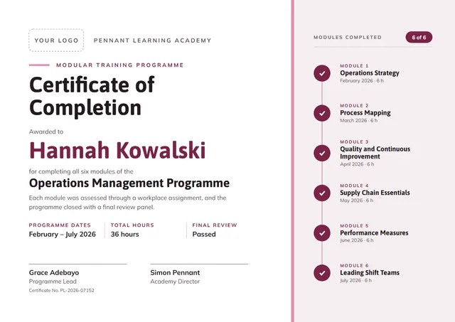 Burgundy Banded Modular Training Certificate template, A4 landscape, in burgundy