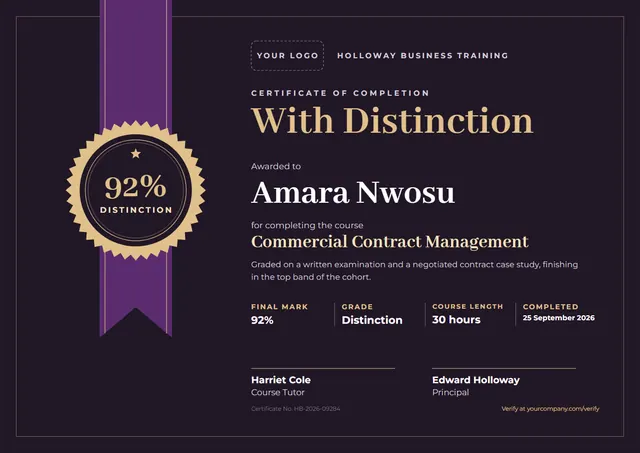 Black Seal Course Completion with Distinction template, A4 landscape, in black