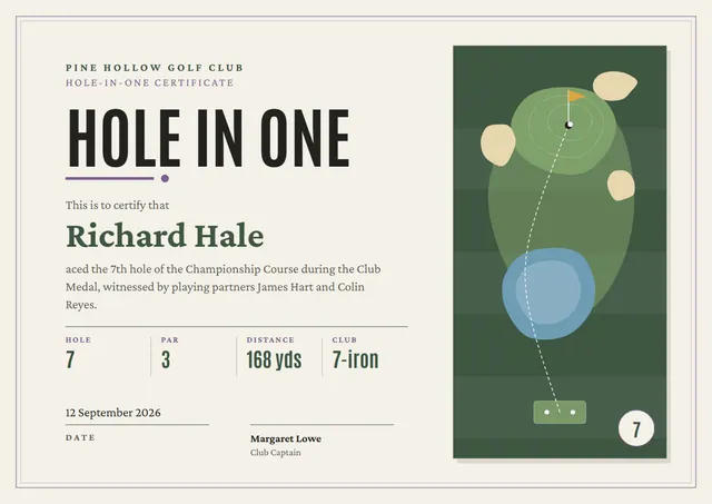 Charcoal Wave Golf Hole-in-One Certificate template, A4 landscape, in charcoal grey
