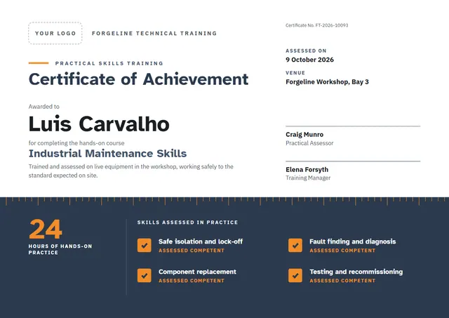 Charcoal Banded Practical Skills Training Certificate template, A4 landscape, in charcoal grey