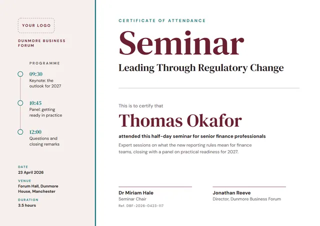 Burgundy Banded Seminar Attendance Certificate template, A4 landscape, in burgundy