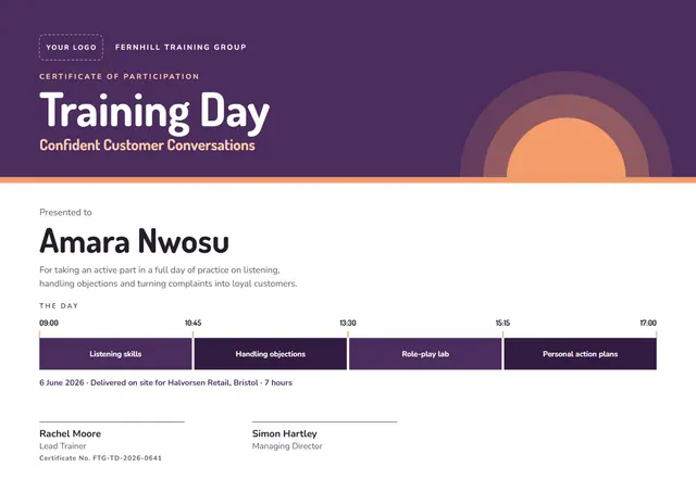 Plum Sunburst Training Day Certificate template, A4 landscape, in plum