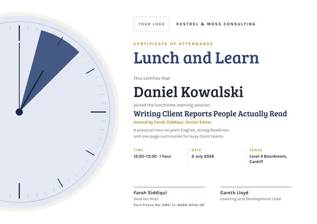 Navy Classic Lunch and Learn Certificate template, A4 landscape, in navy