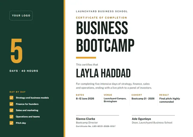 Forest Green Banded Business Bootcamp Certificate template, A4 landscape, in forest green