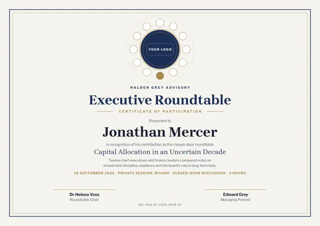 Navy Wave Executive Roundtable Certificate template, A4 landscape, in navy