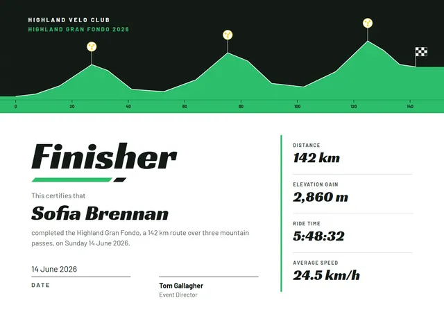 Black Pennant Cycling Event Finisher Certificate template, A4 landscape, in black