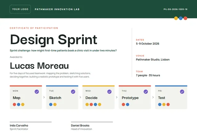 Forest Green Badge Design Sprint Certificate template, A4 landscape, in forest green