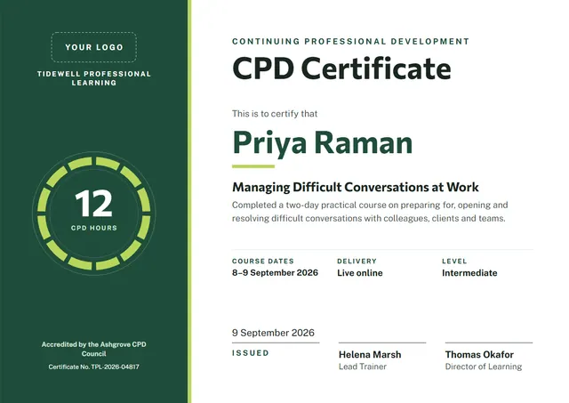 Forest Green Banded CPD Certificate template, A4 landscape, in forest green