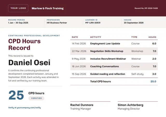 Burgundy Chart CPD Hours Record template, A4 landscape, in burgundy