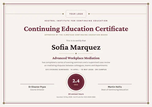 Burgundy Medal Continuing Education Certificate template, A4 landscape, in burgundy