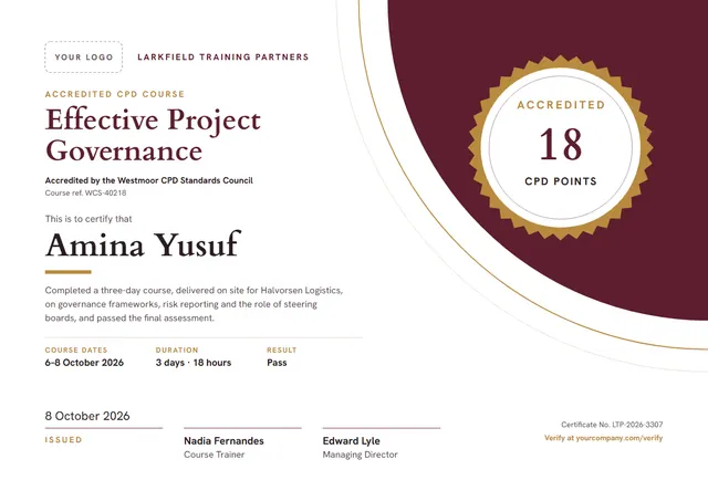 Burgundy Badge Accredited CPD Course Certificate template, A4 landscape, in burgundy