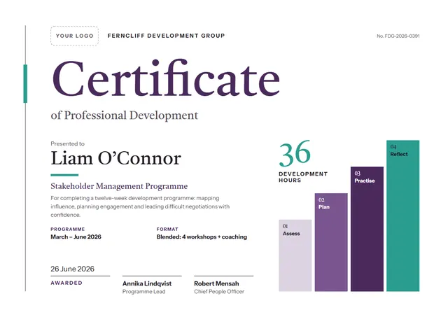 Plum Banded Professional Development Certificate template, A4 landscape, in plum