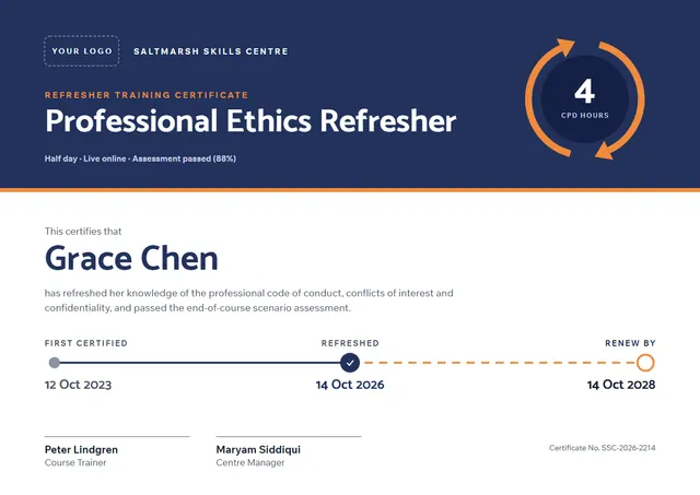 Navy Banded Refresher Training Certificate template, A4 landscape, in navy
