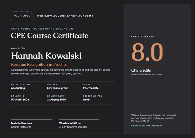 Orange Double-Border CPE Course Certificate template, A4 landscape, in orange