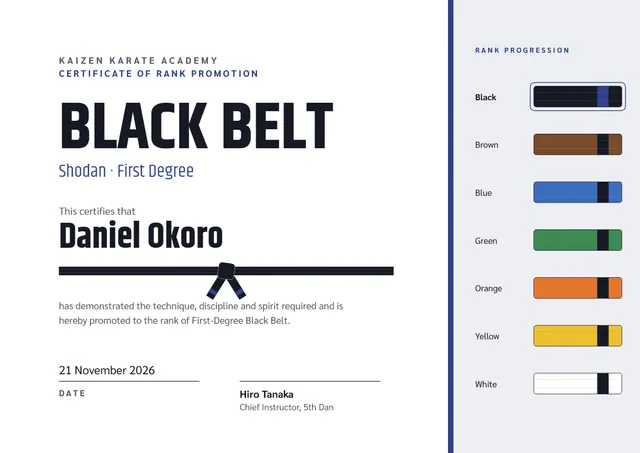 Slate Banded Martial Arts Belt Certificate template, A4 landscape, in slate grey
