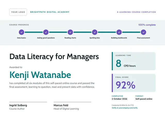 Teal Chart E-learning Course Certificate template, A4 landscape, in teal