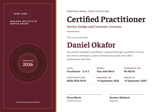 Burgundy Medal Certified Practitioner Certificate template, A4 landscape, in burgundy
