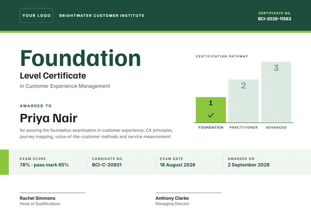 Forest Green Banded Foundation Level Certificate template, A4 landscape, in forest green