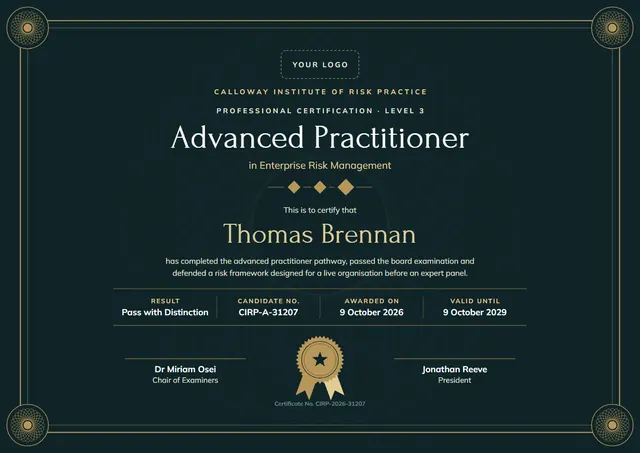 Black Medal Advanced Practitioner Certificate template, A4 landscape, in black