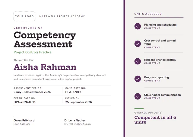 Plum Banded Competency Assessment Certificate template, A4 landscape, in plum